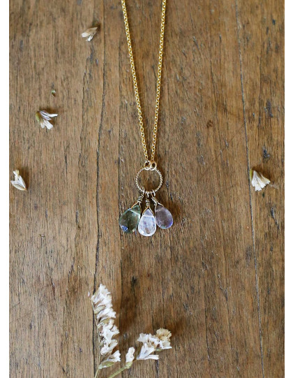 Collier Asra en or 14k avec de l'aigue-marine, labradorite et pierre de lune