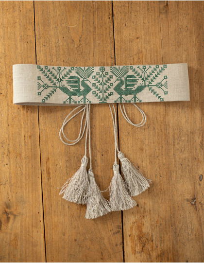 Ceinture "Valeska" en lin naturel brodé vert