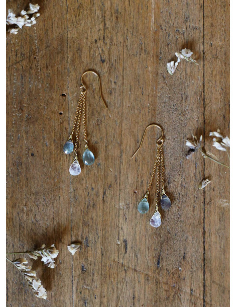 Boucles Asra en or 14k avec de l'aigue-marine, labradorite et pierre de lune