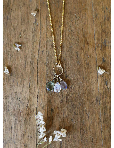Collier Asra en or 14k avec de l'aigue-marine, labradorite et pierre de lune