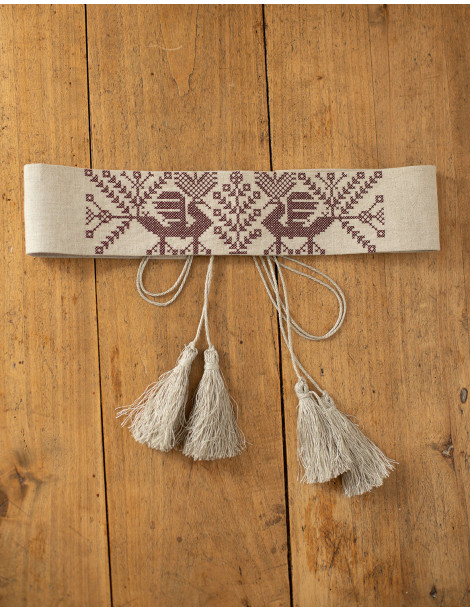 Ceinture "Valeska" en lin naturel brodé bordeaux