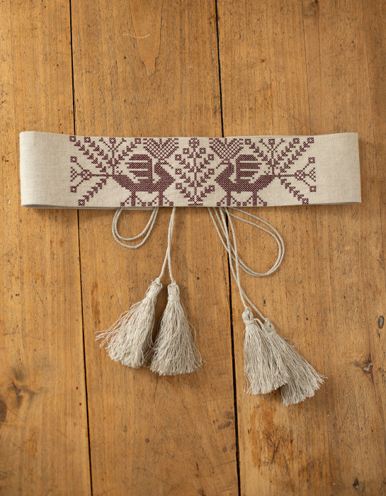 Ceinture "Valeska" en lin naturel brodé bordeaux