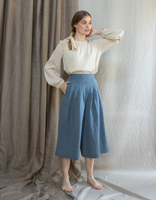 Pantalon palazzo "Vivika" bleu atlas midi